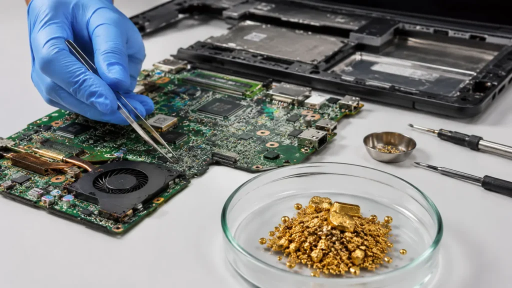 Can You Extract Gold From A Laptop? Open laptop motherboard with gold recovery materials and repair tools on a workbench.