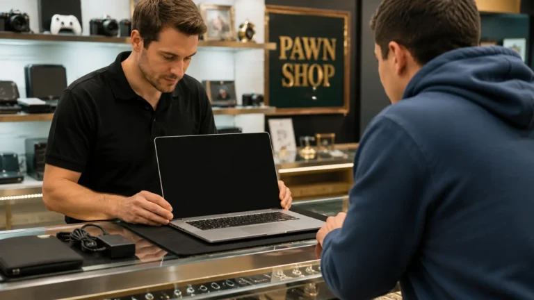 Pawn shop employee inspecting a laptop on a counter before making a loan offer.