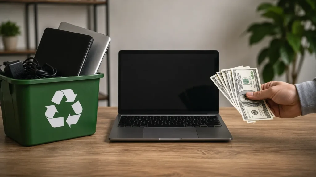 Should You Recycle Or Sell An Old Laptop? Old laptop beside a recycling bin and cash, showing two disposal options.