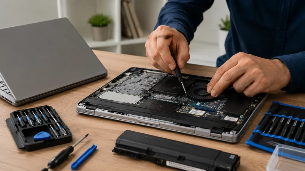 Should You Repair Your HP Laptop Before Selling? Technician repairing an HP laptop before resale to improve its value.