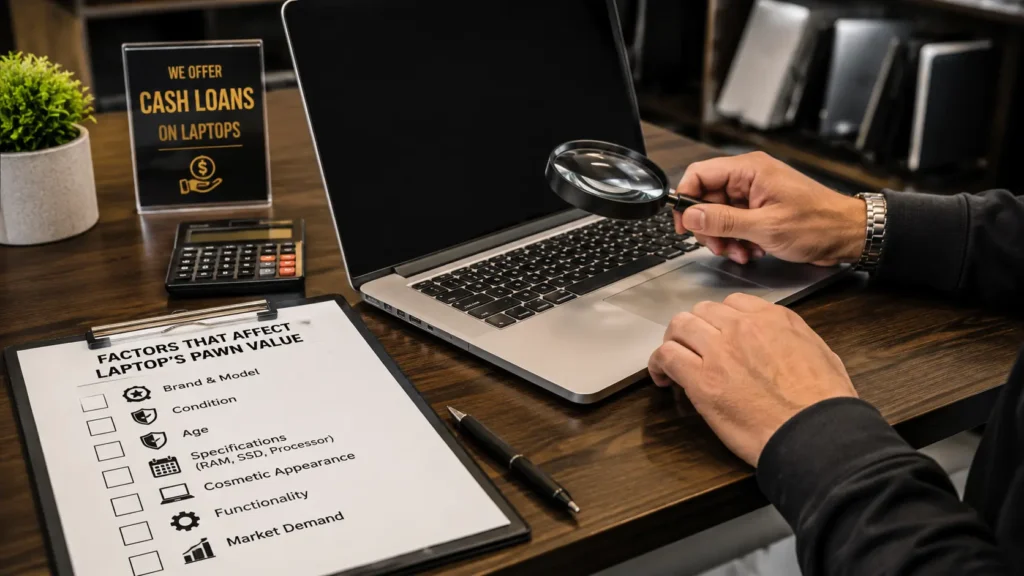 What Affects a Laptop's Pawn Value shown during a professional laptop inspection with a checklist and calculator.