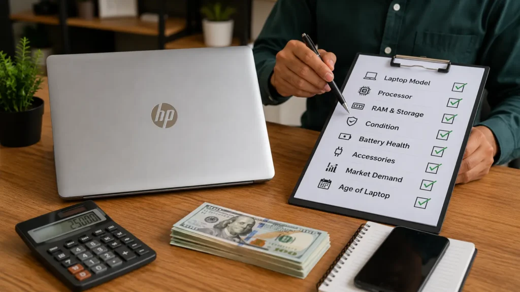 What Affects The Selling Price Of An HP Laptop? Checklist showing laptop model, condition, battery, and resale value.