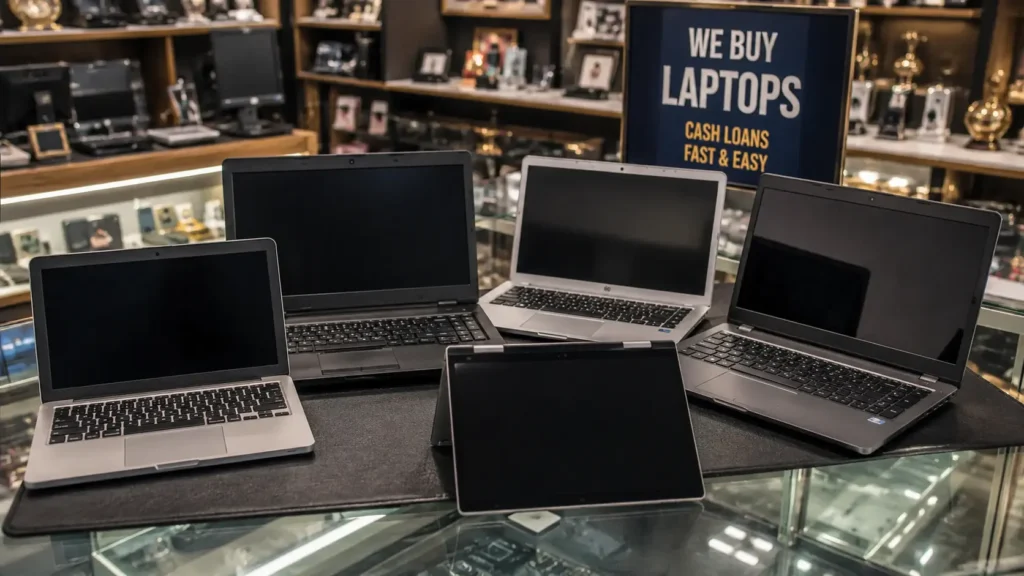 What Types of Laptops Can You Pawn displayed with business, gaming, Chromebook, and convertible laptops at a pawn shop.
