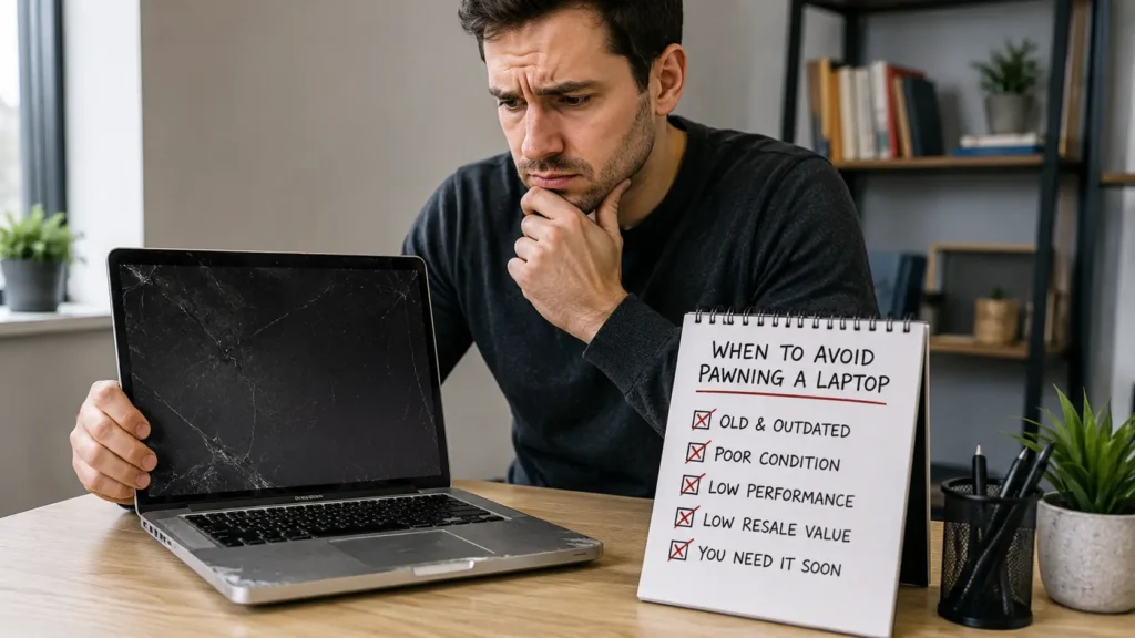 When Should You Avoid Pawning a Laptop shown with a damaged laptop and owner deciding if pawning is the right choice.