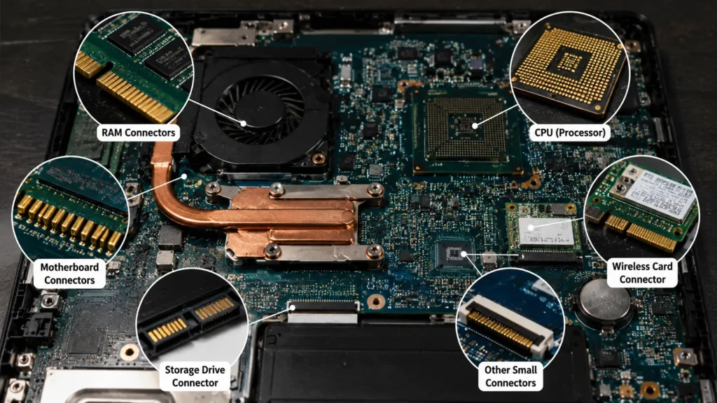 Which Laptop Parts Contain Gold? Open laptop showing the motherboard, CPU, RAM connectors, and gold plated connectors.