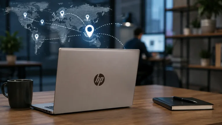 work HP laptop with location tracking concept.Can My Employer Track My HP Laptop Location? Browser screenshot showing a website connection timeout on Wi-Fi.