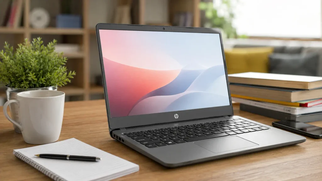 Are Cheap HP Laptops Good for Everyday Use? Silver HP laptop on a desk with books, coffee, and a plant.