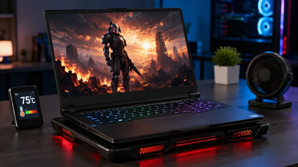 Gaming Laptop Temperature Guide showing a gaming laptop on a cooling pad with a 75°C temperature display and desk fan.