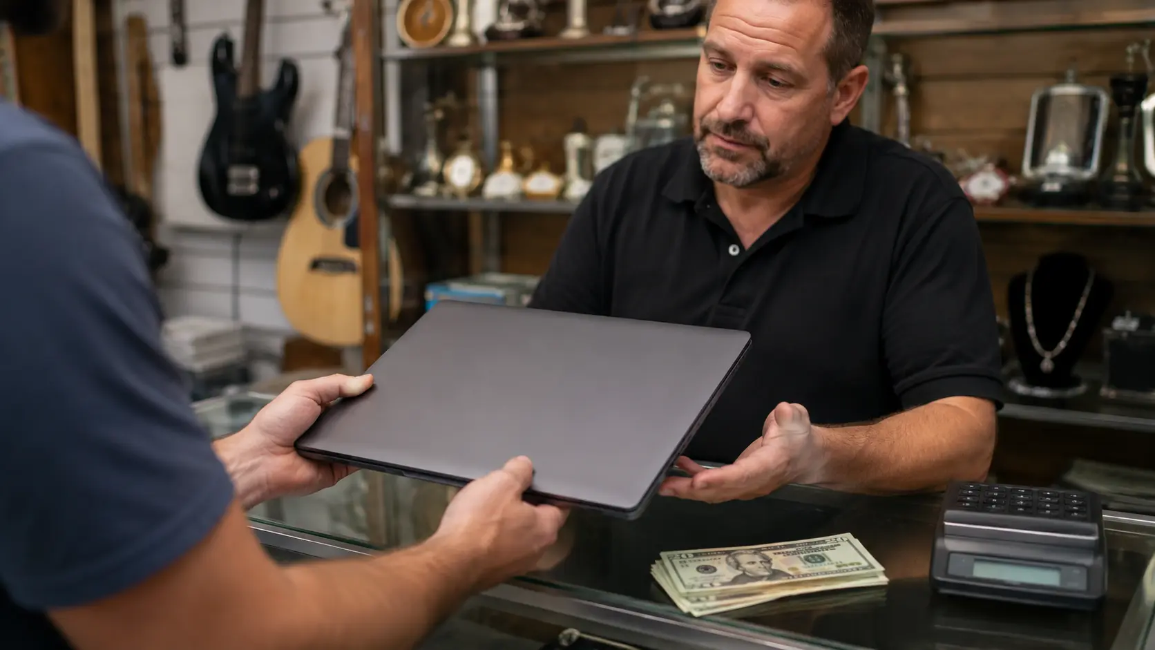 How Much Would a Pawn Shop Give for a Laptop? Customer showing a laptop to a pawn shop owner for appraisal.