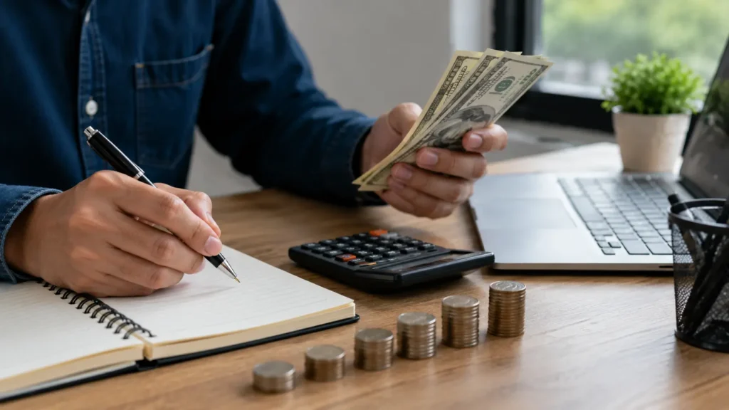 How Much You Can Spend while planning a laptop budget with cash, calculator, notebook, and laptop on a desk.Can I Use My Financial Aid To Buy A Laptop