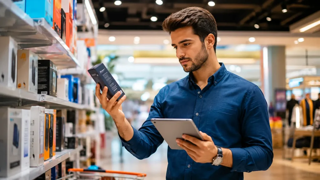 How to Buy the Right Way by comparing product details on a tablet while shopping in a modern retail store.