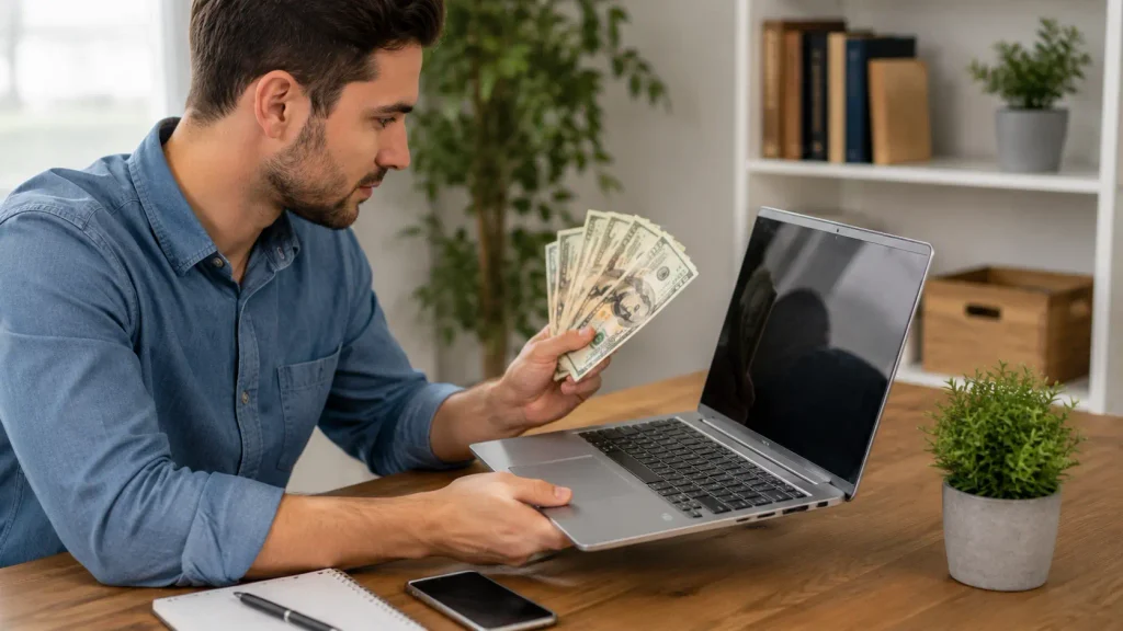 How to Get More Money for Your Laptop? Man comparing his laptop’s value while holding cash at his desk.
