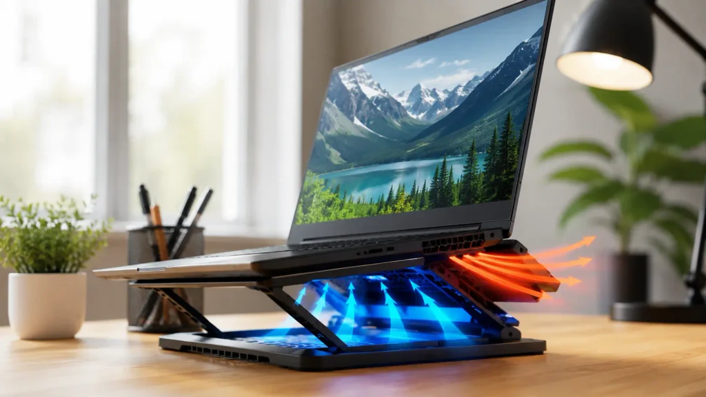 How To Improve Laptop Airflow? How To Improve Laptop Airflow When It Gets Hot using a raised stand with cool intake and hot exhaust airflow.