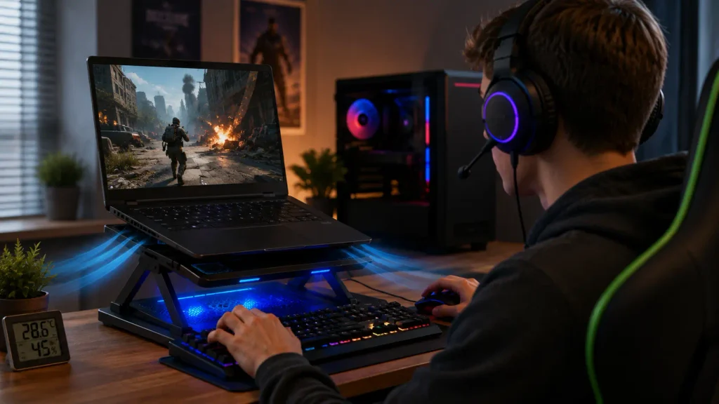 How To Improve Laptop Airflow While Gaming using a raised cooling stand with clear space for better ventilation.