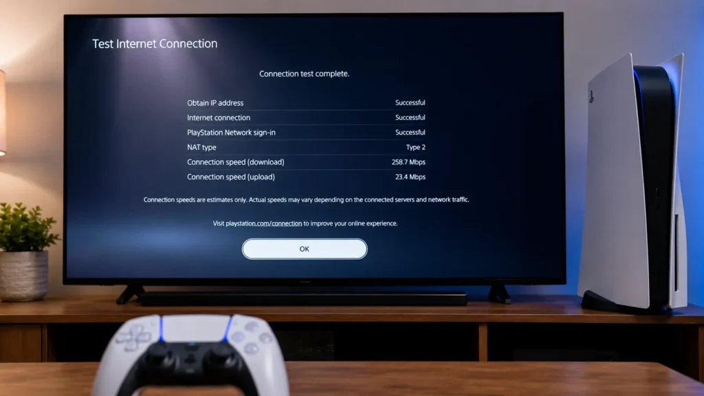 What Internet Speed Test Results Mean on PS5 shown on a TV screen with a PS5 console during a network test