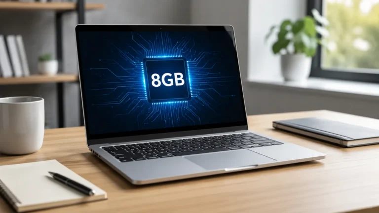 Laptop displaying an 8GB RAM processor graphic on screen, showing a modern workspace and highlighting 8GB laptop memory performance.