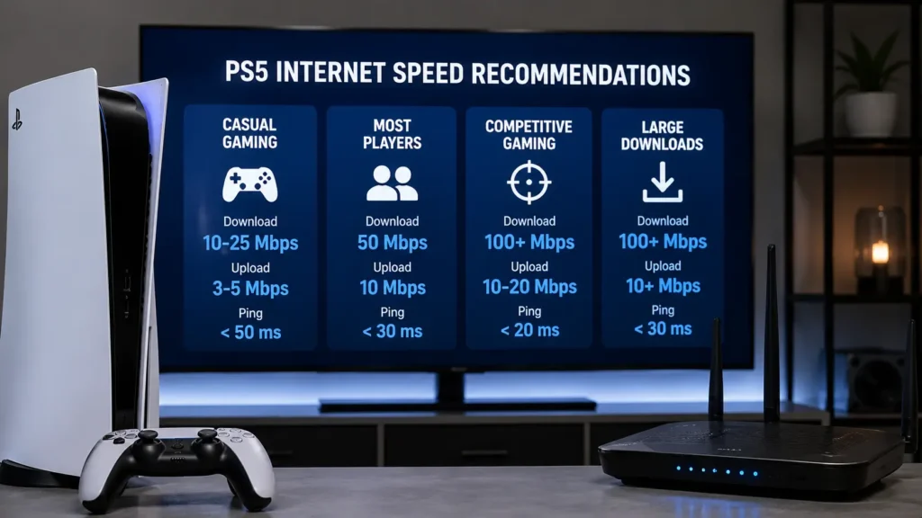 PS5 Internet Speed Recommendations showing a PS5 console, WIFI router, and recommended gaming speed guide on screen.