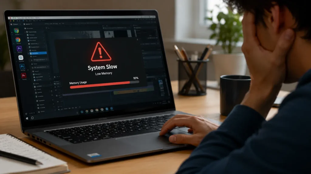 Laptop showing a low memory warning while multiple apps run, explaining what causes 8GB RAM to feel slow or laggy.Is 8 GB On A Laptop Good for students and everyday laptop use