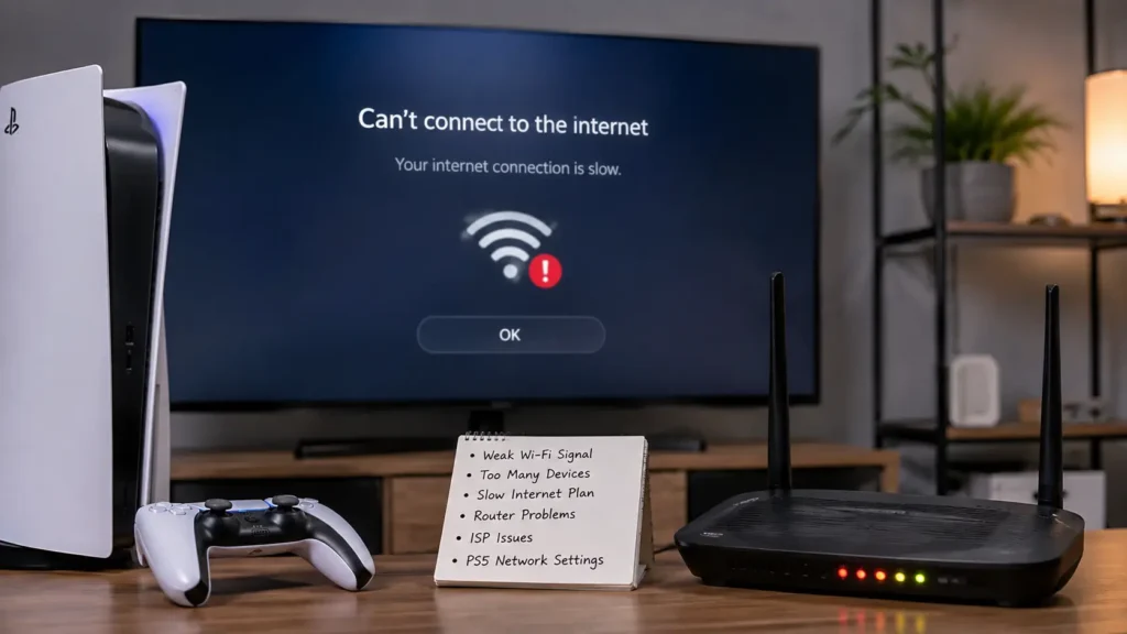 What Causes Slow PS5 Connection Speed? PS5 showing a slow internet error beside a WIFI router and controller.