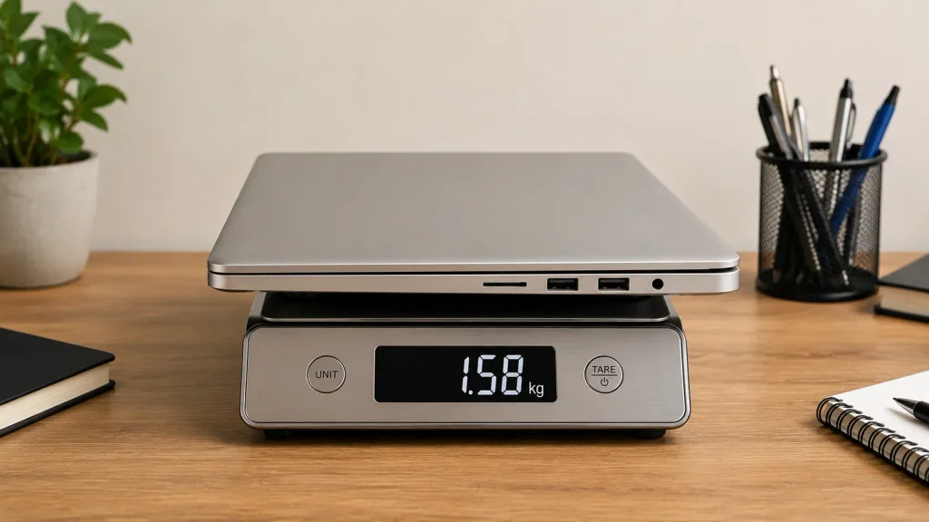 How Heavy Are HP Laptops? What Is the Average HP Laptop Weight? A silver HP laptop on a digital scale showing 1.58 kg.