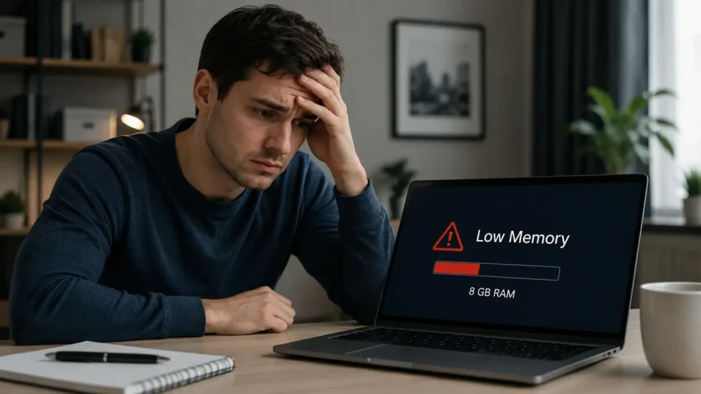 When Should You Worry About 8GB RAM? User looking worried at a laptop showing a low memory warning on screen.
