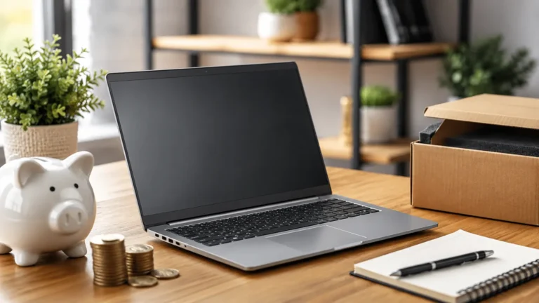 Affordable laptop with coins and savings items showing why HP laptops can be cheaper
