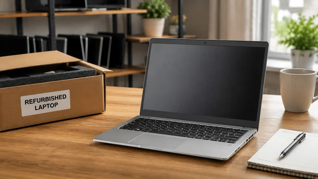 Why Are HP Refurbished Laptops So Cheap with a laptop and refurbished box on a desk