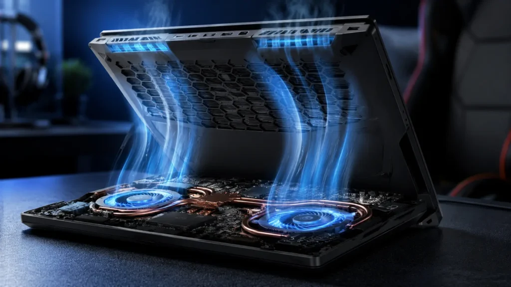 Why Is It Important to Keep a Gaming Laptop Cool? Open gaming laptop with visible cooling fans and airflow to prevent overheating.
