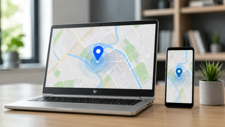 Can I Track My HP Laptop? Laptop and smartphone display map locations with a blue tracking pin.