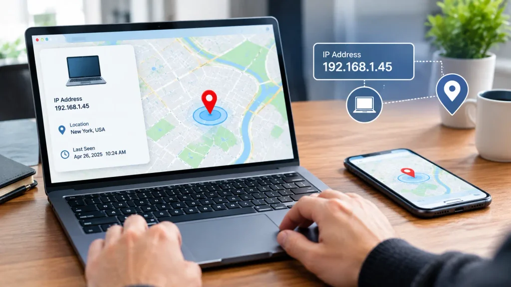 Can You Track a Laptop With an IP Address? A laptop shows a map, IP details, and location tracking on screen.
