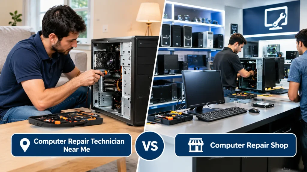 Computer repair technician near me vs. computer repair shop, with desktop PC service shown in two settings.
