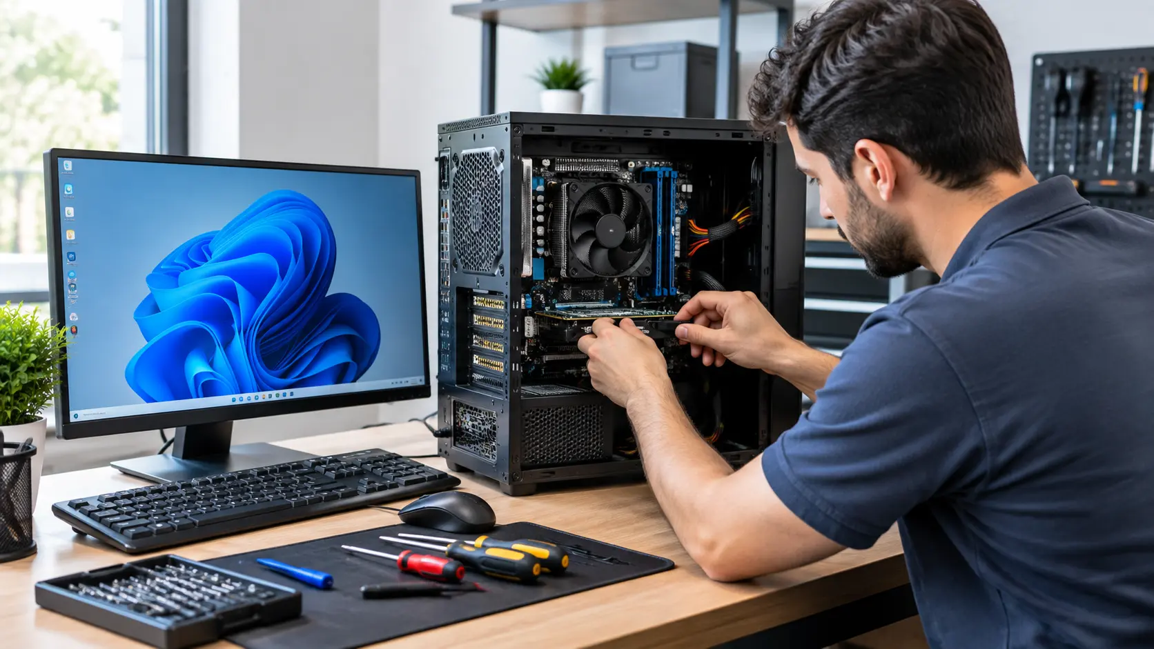 Computer Repair Technician Near Me working on an open desktop PC with tools and monitor in a repair shop