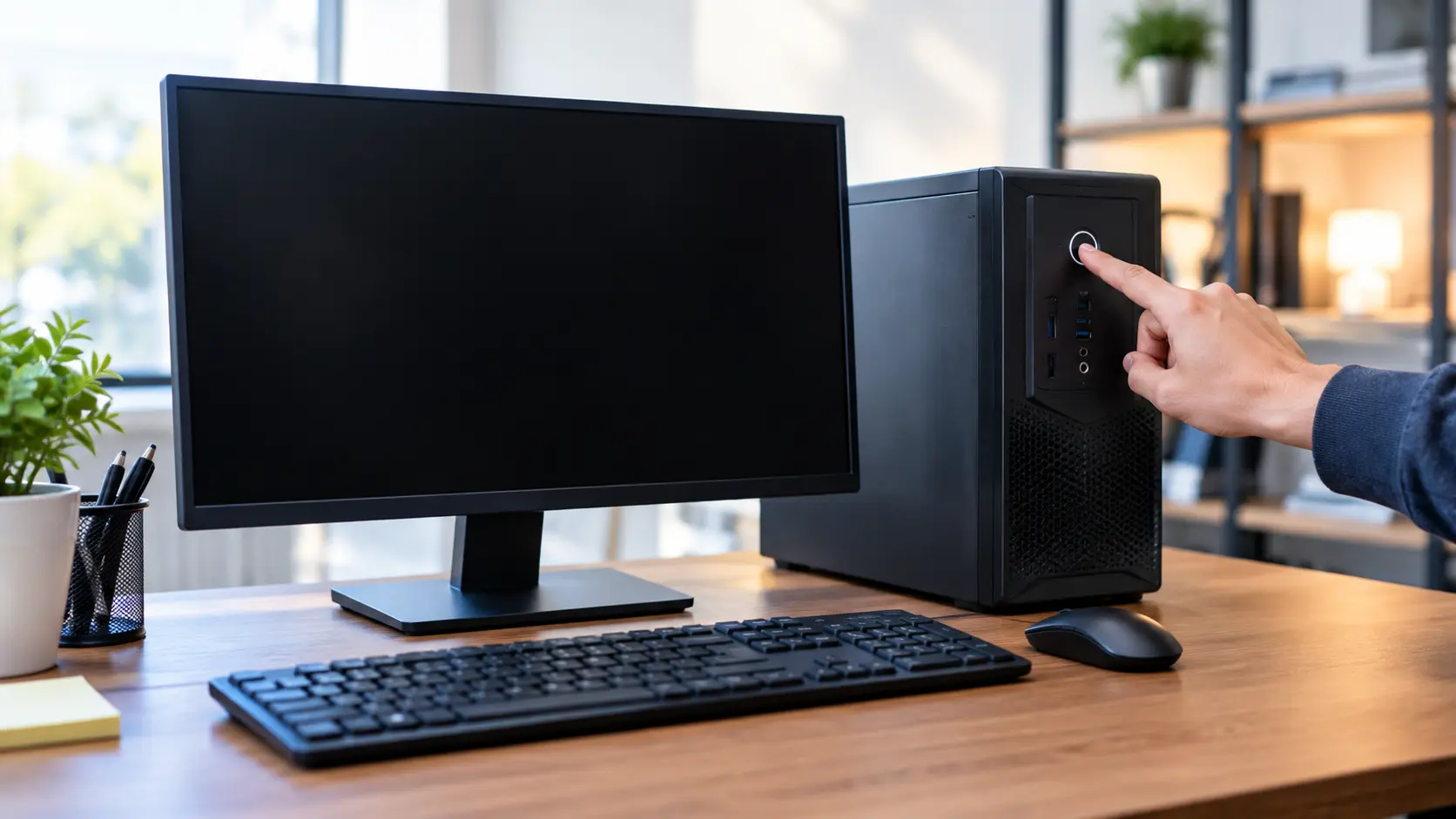 Computer Turns On, but Nothing Happens while a desktop monitor stays black after pressing the power button.