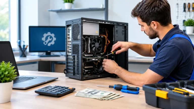 How Much Does Computer Repair Cost with a technician servicing an open desktop computer at a repair shop