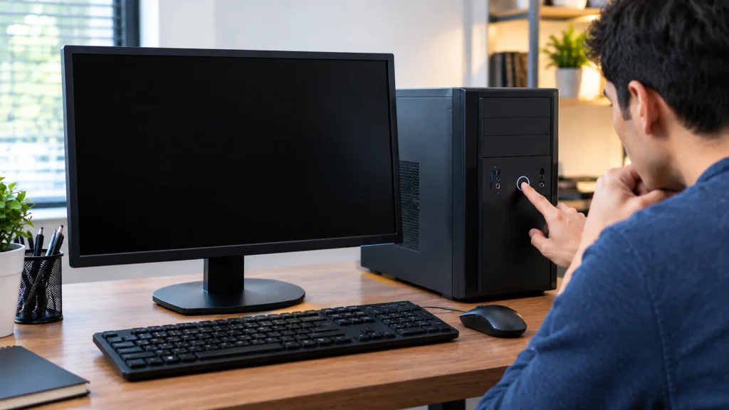 How to Fix a Computer That Turns On but Nothing Happens with a person troubleshooting a blank monitor.