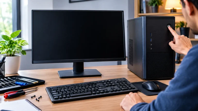 How to Fix a Computer That Won't Turn On with a person checking a desktop PC power button and blank monitor.