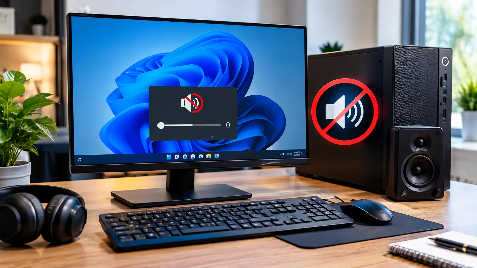 How to Fix a Computer With No Sound using a desktop PC with muted speakers on screen