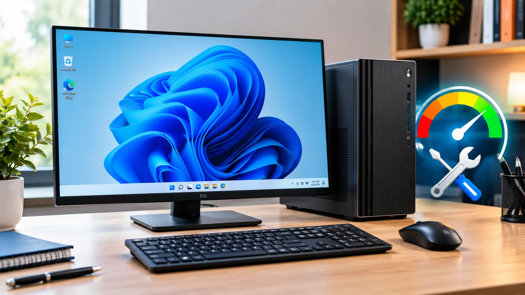 How to Fix a Slow Computer in Windows 11 with a desktop PC, Windows 11 monitor, and speed repair tools.