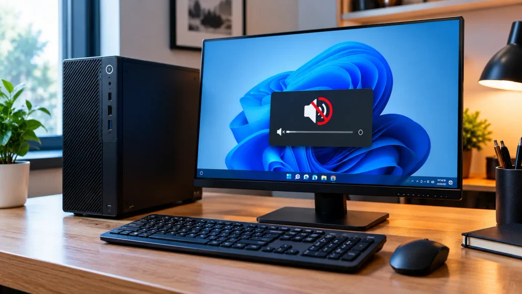 How to Fix No Sound on Windows 11 with a desktop PC showing a muted speaker icon on the monitor.