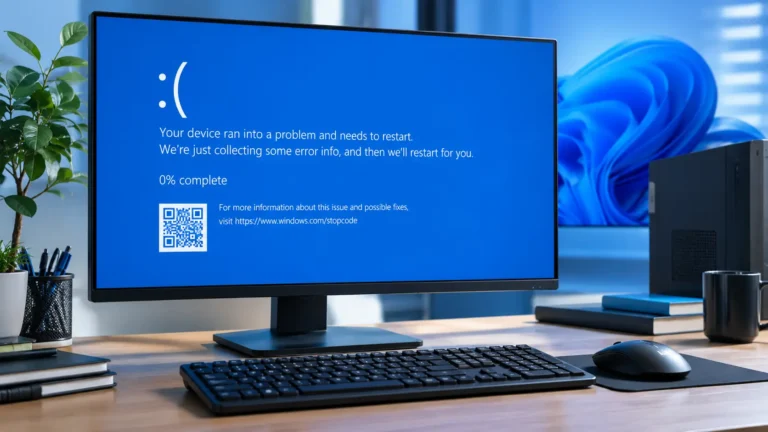 How to Fix the Blue Screen of Death on Windows 11, shown on a desktop monitor displaying a blue screen error.
