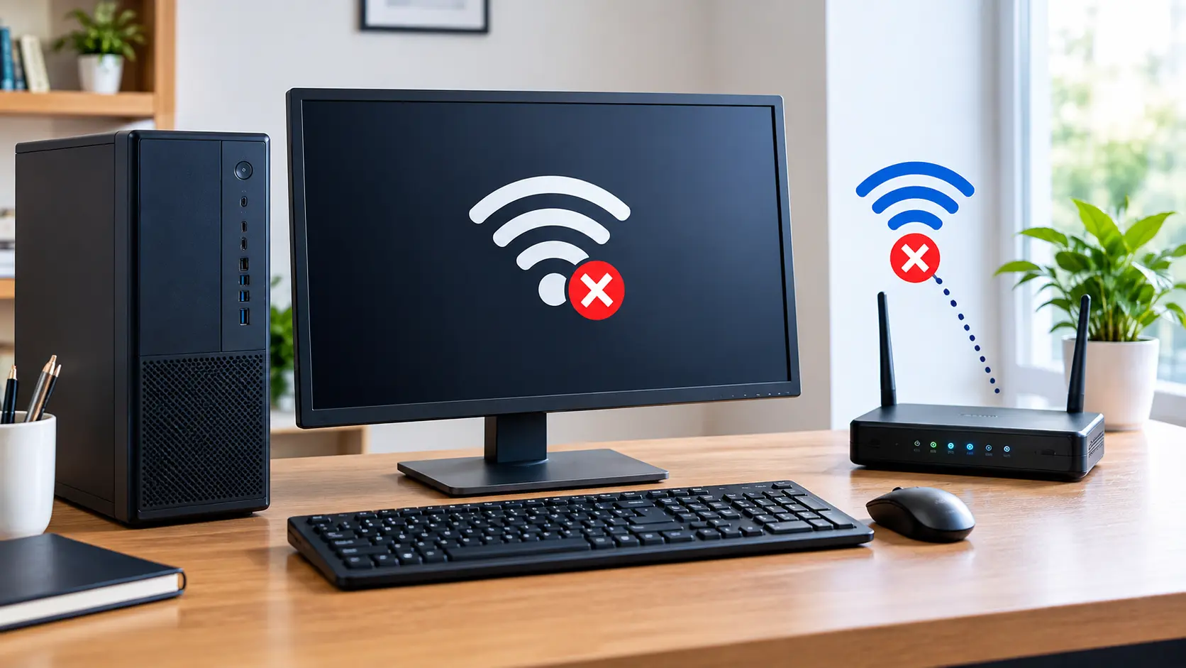 How to Fix WiFi Not Working on a Computer? desktop PC showing a disconnected WiFi signal beside a router
