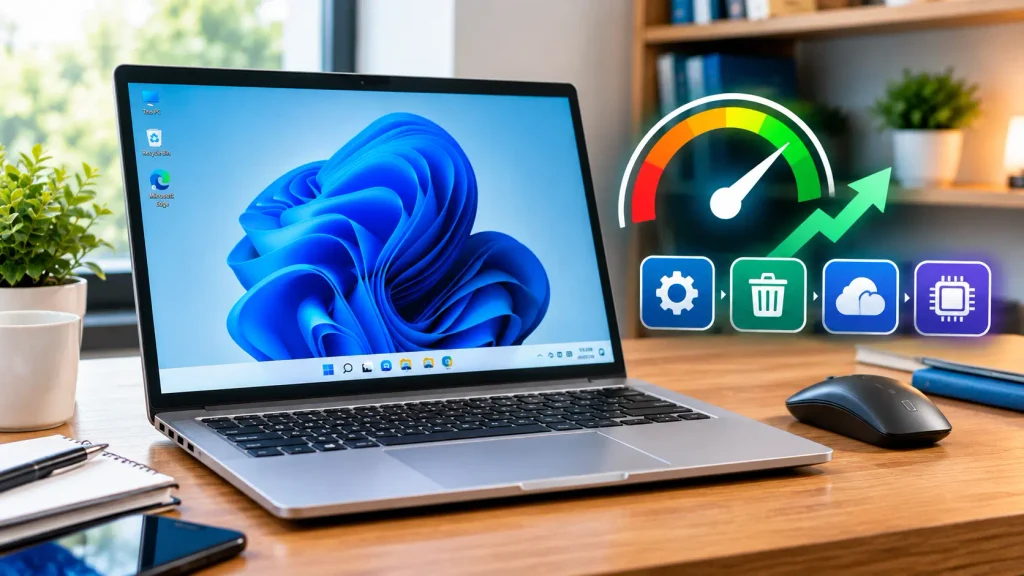 How to Make a Windows 11 Laptop Faster with a laptop, speed gauge, and tools showing PC performance optimization.