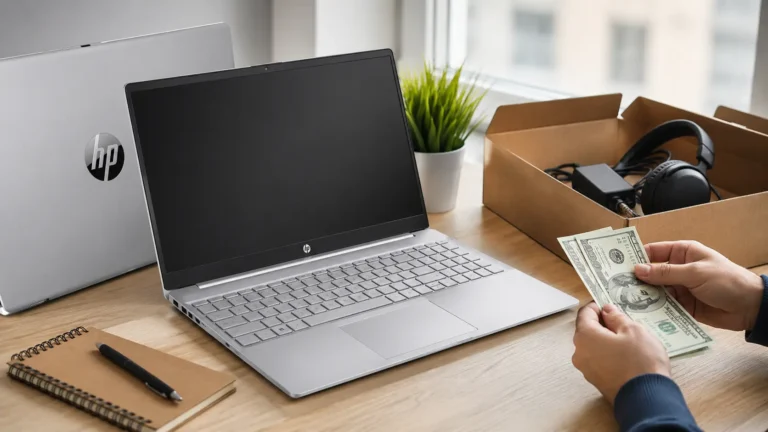 How to Sell an HP Pavilion Laptop with accessories, cash, and the laptop arranged on a desk for sale.