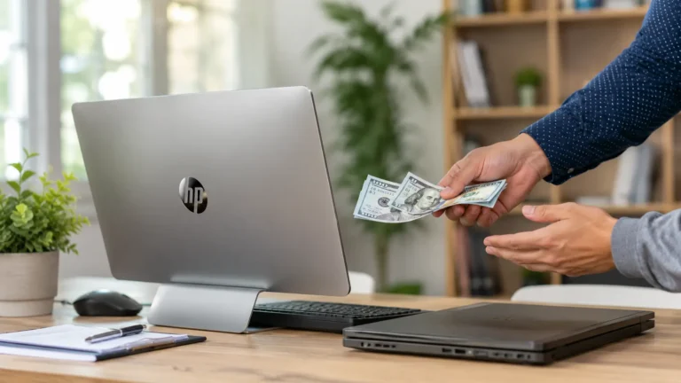 How to Sell an HP Computer for the Best Price in 2026 with a buyer exchanging cash at a desk