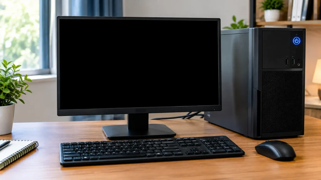 Desktop computer turned on with a black monitor screen