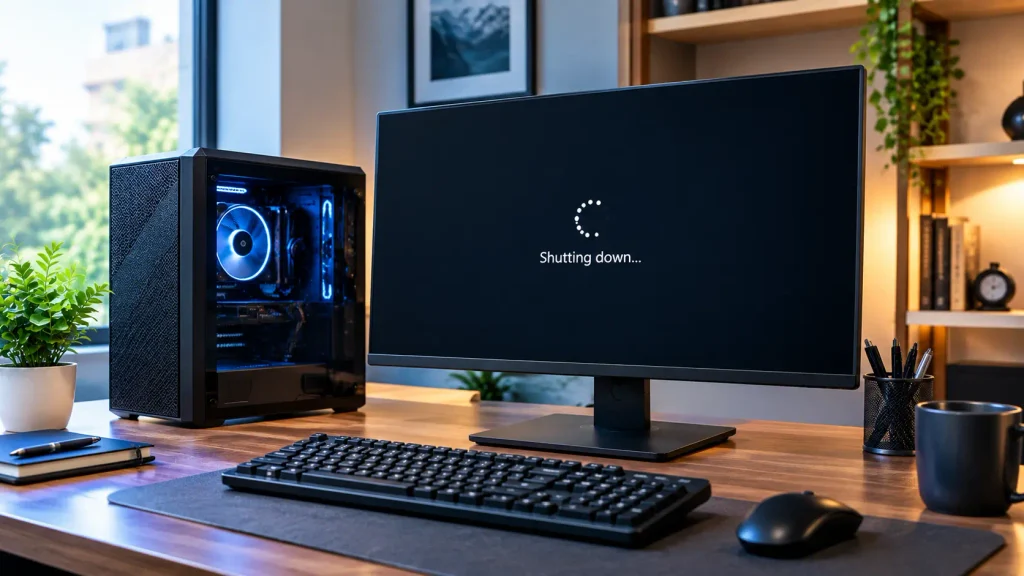 What If the PC Shuts Down After a Few Minutes? Desktop computer with a shutdown screen and open PC case.