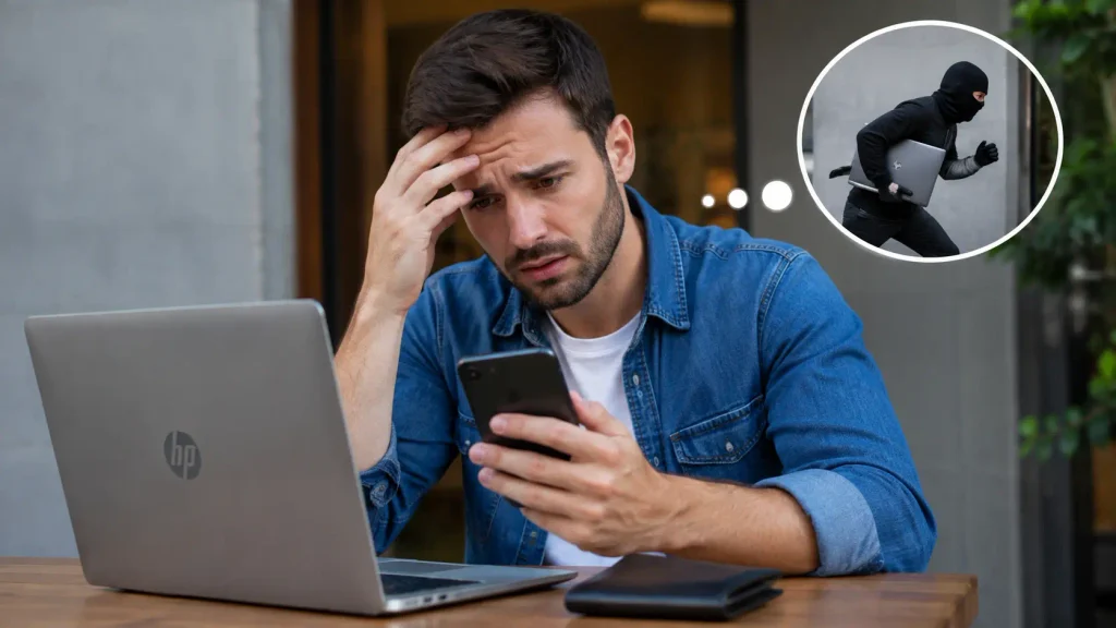 When Should You Worry About a Lost or Stolen HP Laptop? A worried man checks his phone beside a laptop.