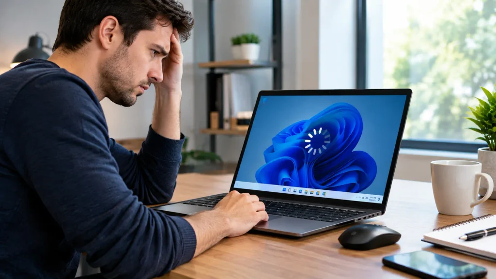 When Should You Worry About a Slow Windows 11 PC? Worried user facing a slow laptop with a loading screen.