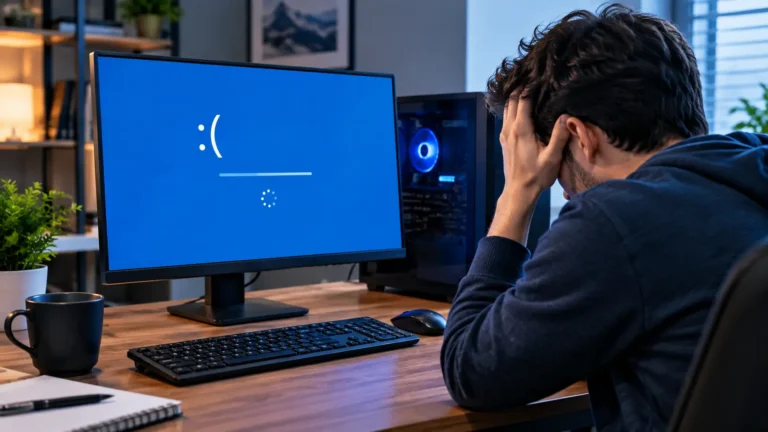 Why Does My Computer Keep Crashing? A frustrated user faces a desktop computer showing a blue crash screen.