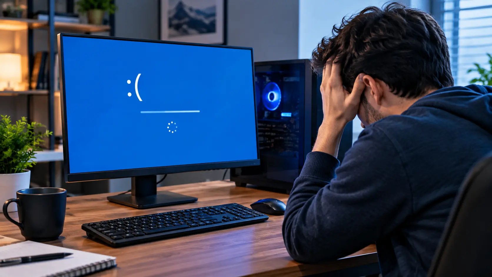 Why Does My Computer Keep Crashing? A frustrated user faces a desktop computer showing a blue crash screen.